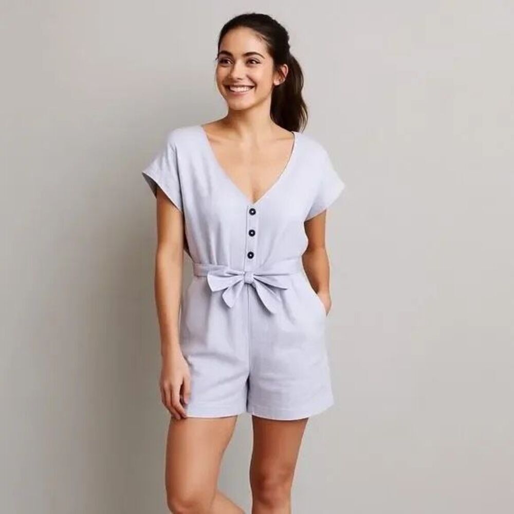 Patagonia M Organic 100% Cotton Gauze Tie Waist blue Romper Spring vacation New
